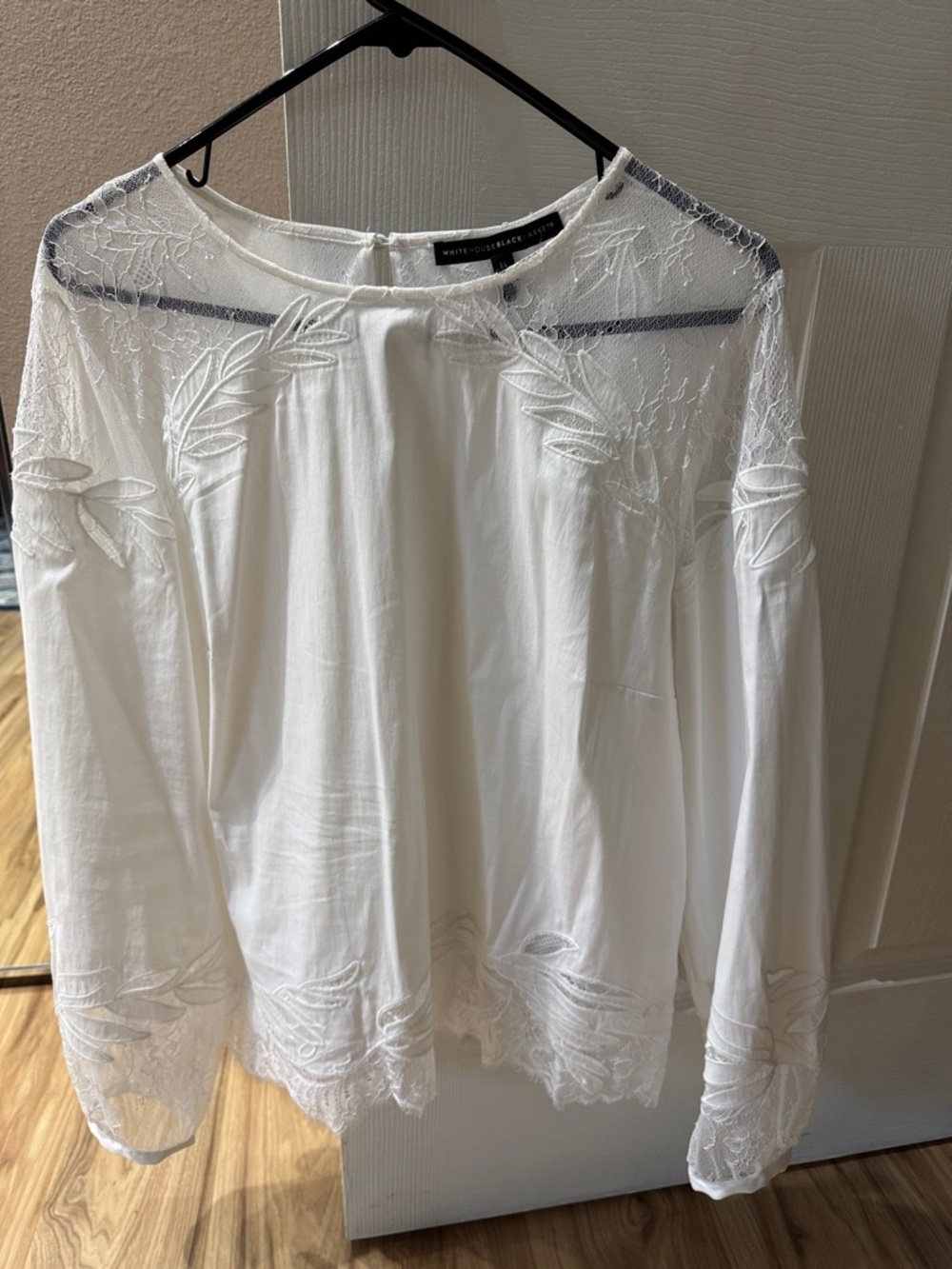 White House Black Market White Lace-Yoke Long Sleeve Blouse